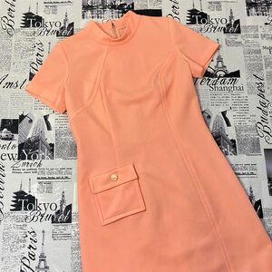 Eve Carver Women's Pink peach salmon vintage 70s midi mod dress sheer mock neck